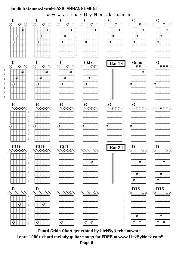 Chord Grids Chart of chord melody fingerstyle guitar song-Foolish Games-Jewel-BASIC ARRANGEMENT,generated by LickByNeck software.